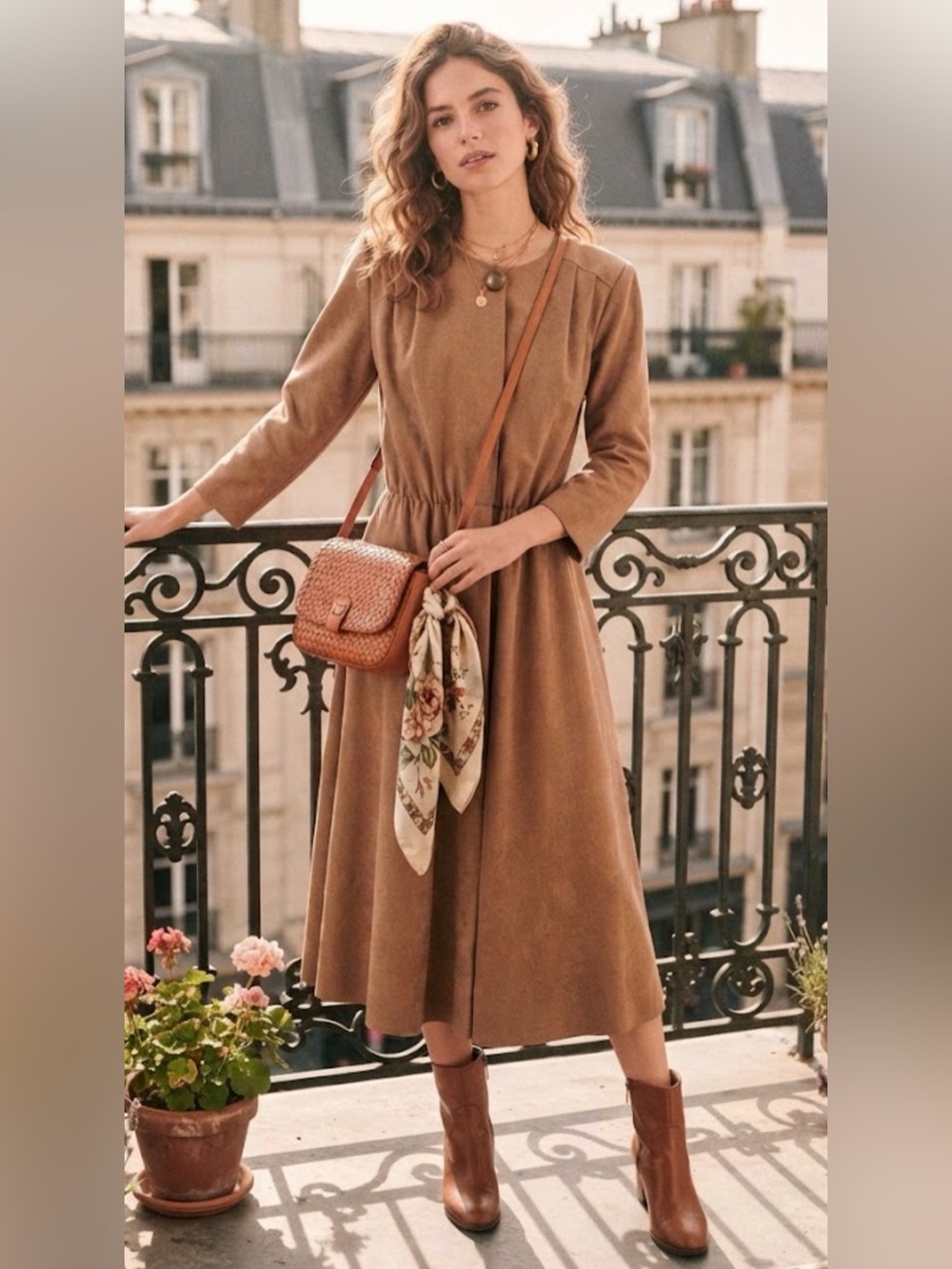 Vintage 80s Stuart's Alan USA Made Camel Faux Suede Midi Dress | size M